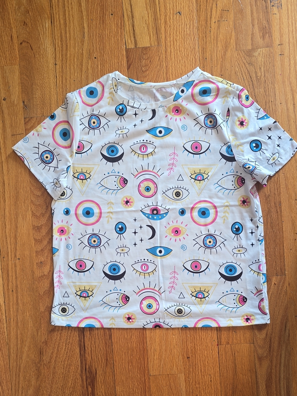 SHEIN White Short Sleeve Tee with Multicolor Eye & Sunburst Print